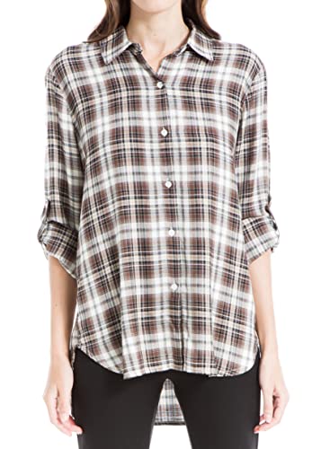 Max Studio Women's Tab Sleeve Collared Shirt, Brown/Cream